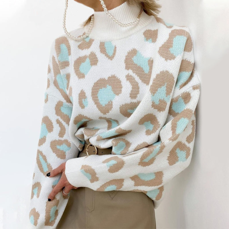 Loose-Fitting Leopard Print Turtleneck Long Sleeve Pullover Sweaters 6