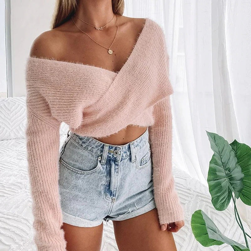 Loose-fitting Knitted V-Neck Cropped Top Sweater 0