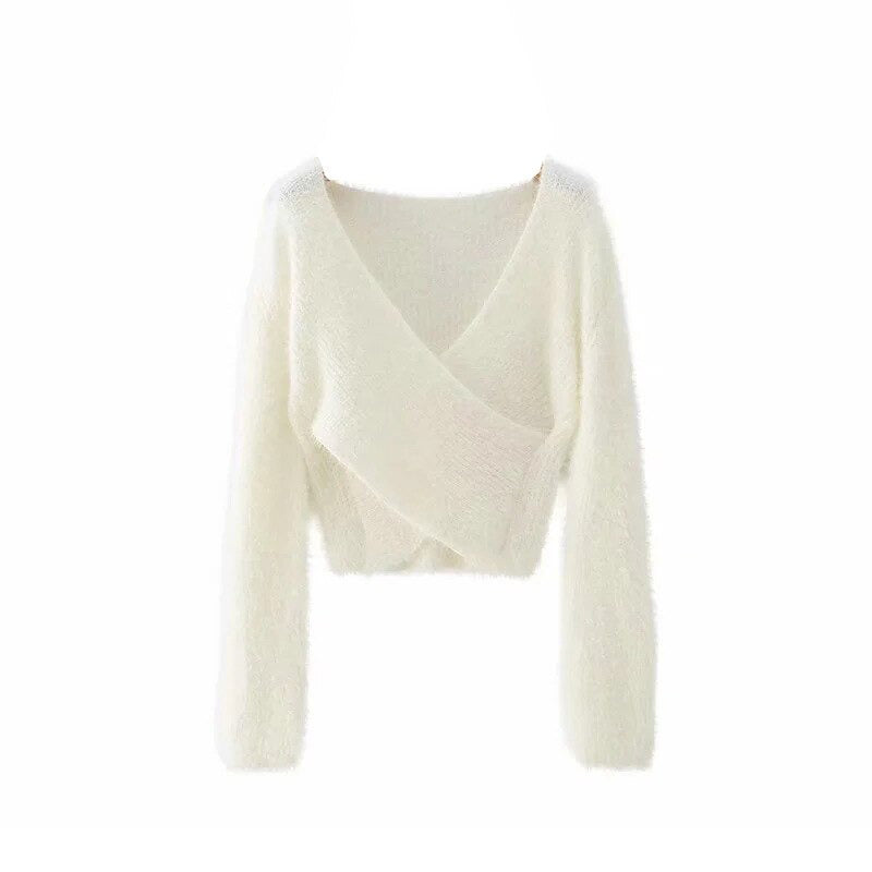 Loose-fitting Knitted V-Neck Cropped Top Sweater 7
