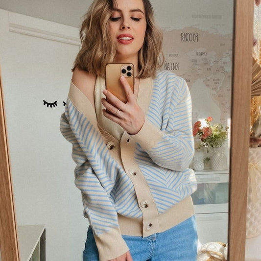 Loose Fit Striped Long Sleeve Knitted Winter Cardigan Sweaters 0