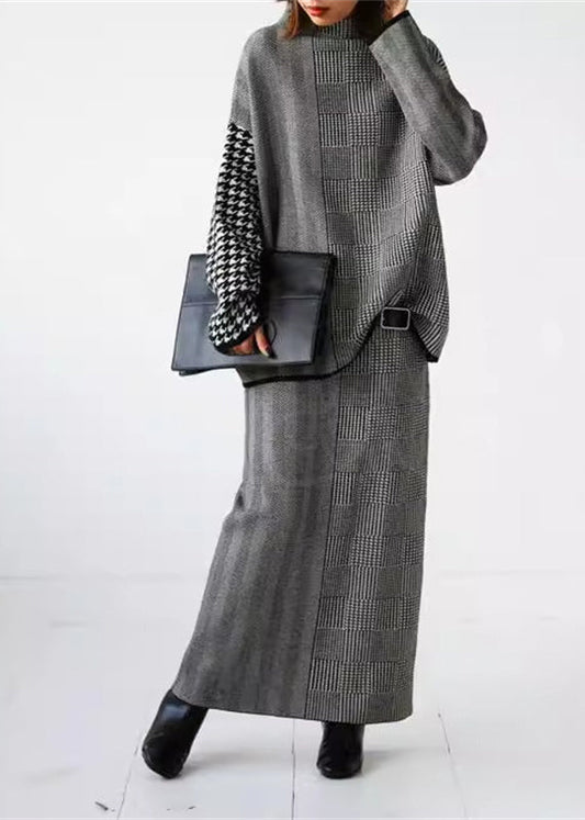 Women's Two Piece Set Grey Plaid Knit Sweater and Skirt - 1