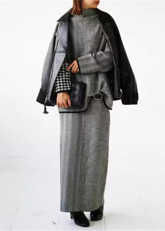 Women's Two Piece Set Grey Plaid Knit Sweater and Skirt - 2