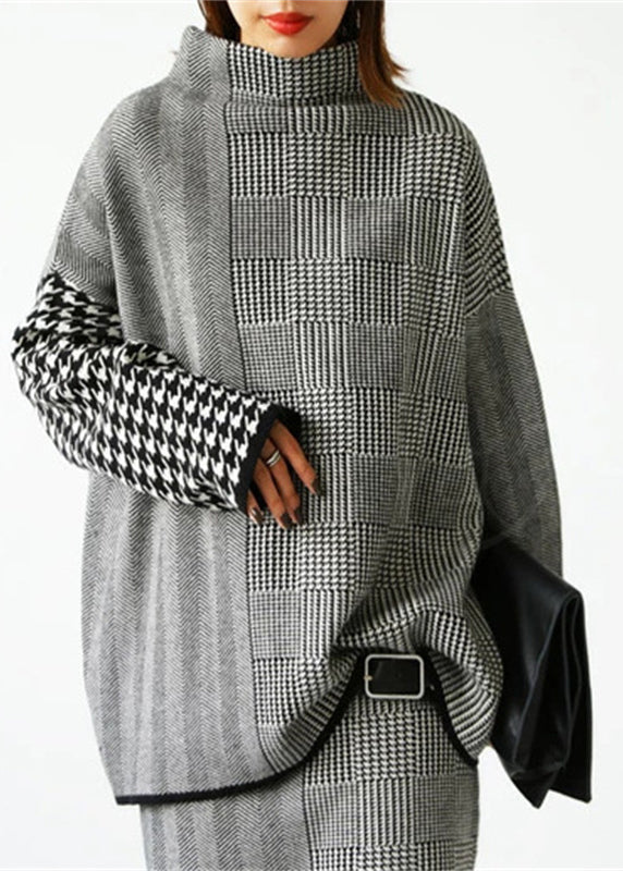 Women's Two Piece Set Grey Plaid Knit Sweater and Skirt - 3