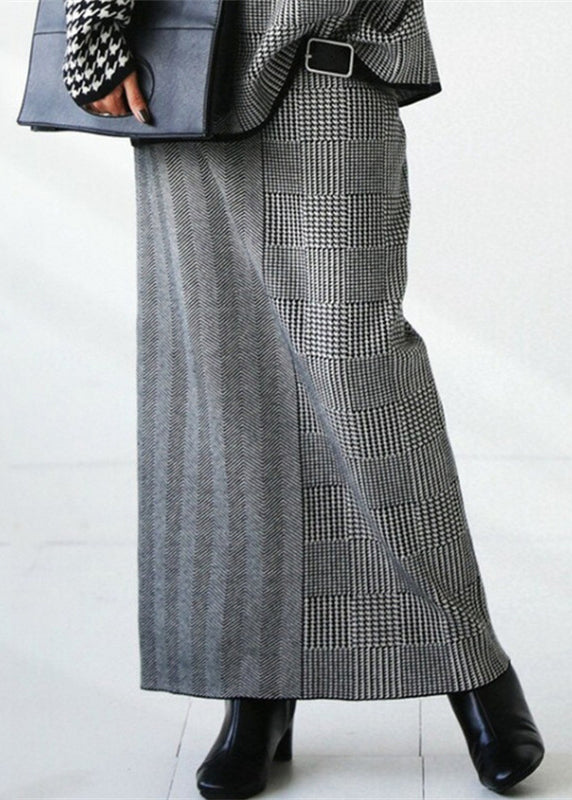 Women's Two Piece Set Grey Plaid Knit Sweater and Skirt - 4