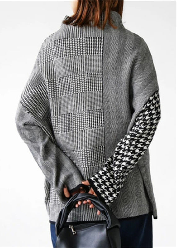 Women's Two Piece Set Grey Plaid Knit Sweater and Skirt - 5