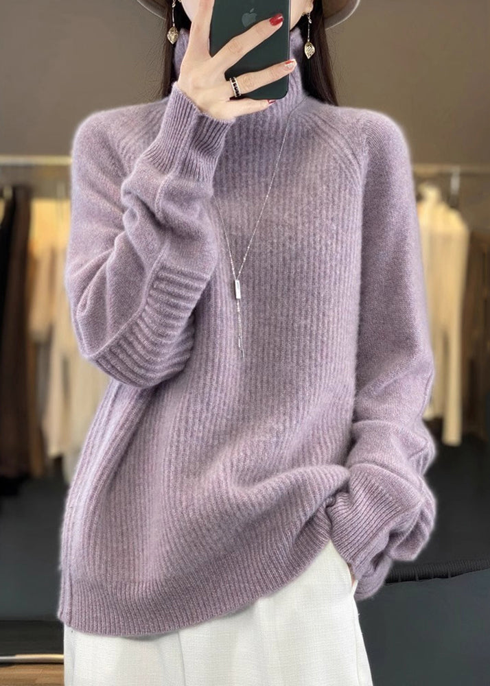 Women's Sweater Purple Turtleneck Cotton Knit - 1