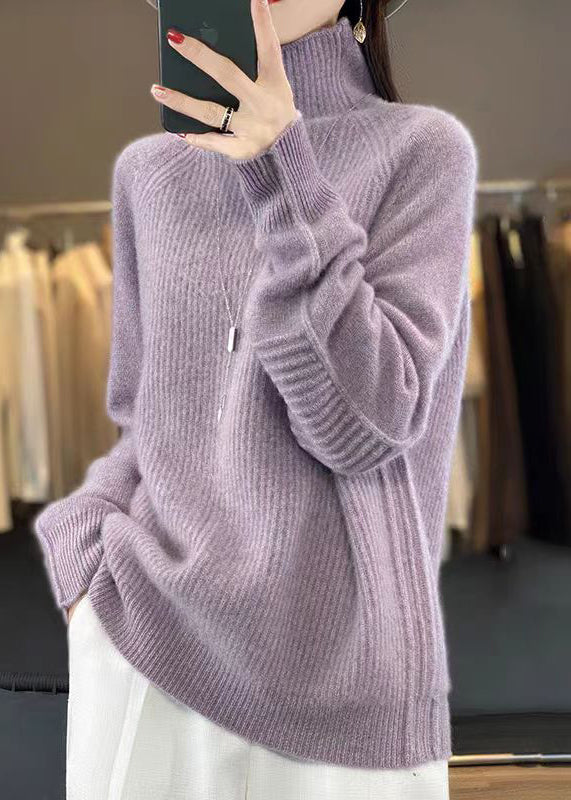 Women's Sweater Purple Turtleneck Cotton Knit - 5