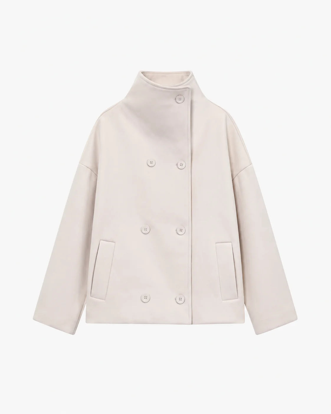 Women's Stand-Collar Double-Breasted Jacket in Beige – product view | Hensley London