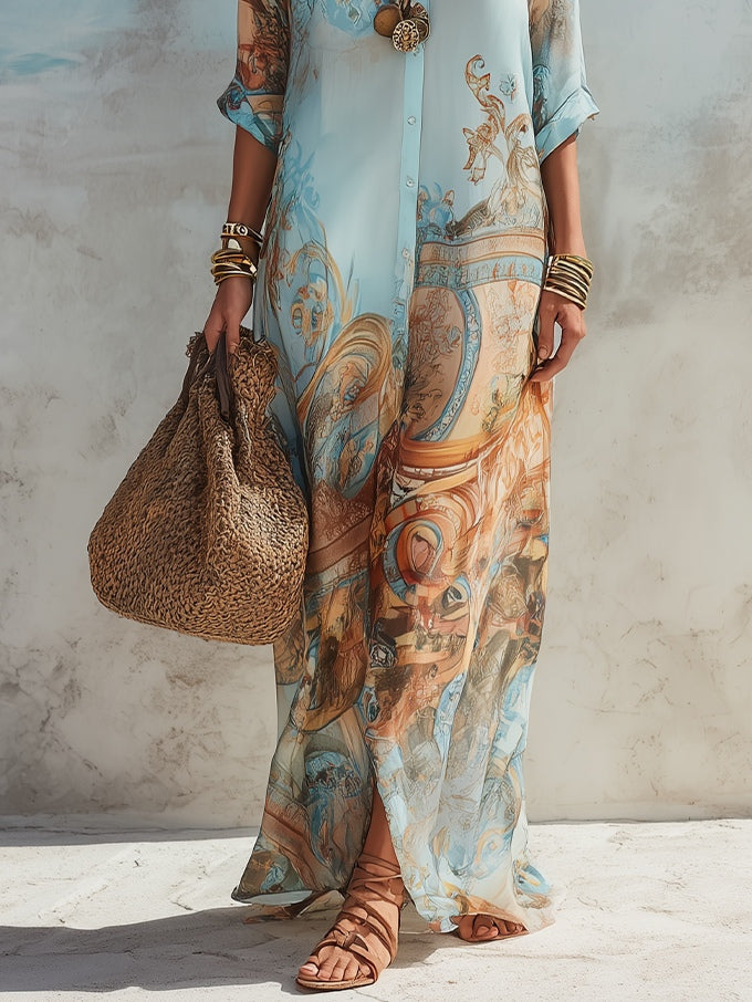 Women's Mediterranean Print Maxi Shirt Dress – Light & Breezy
