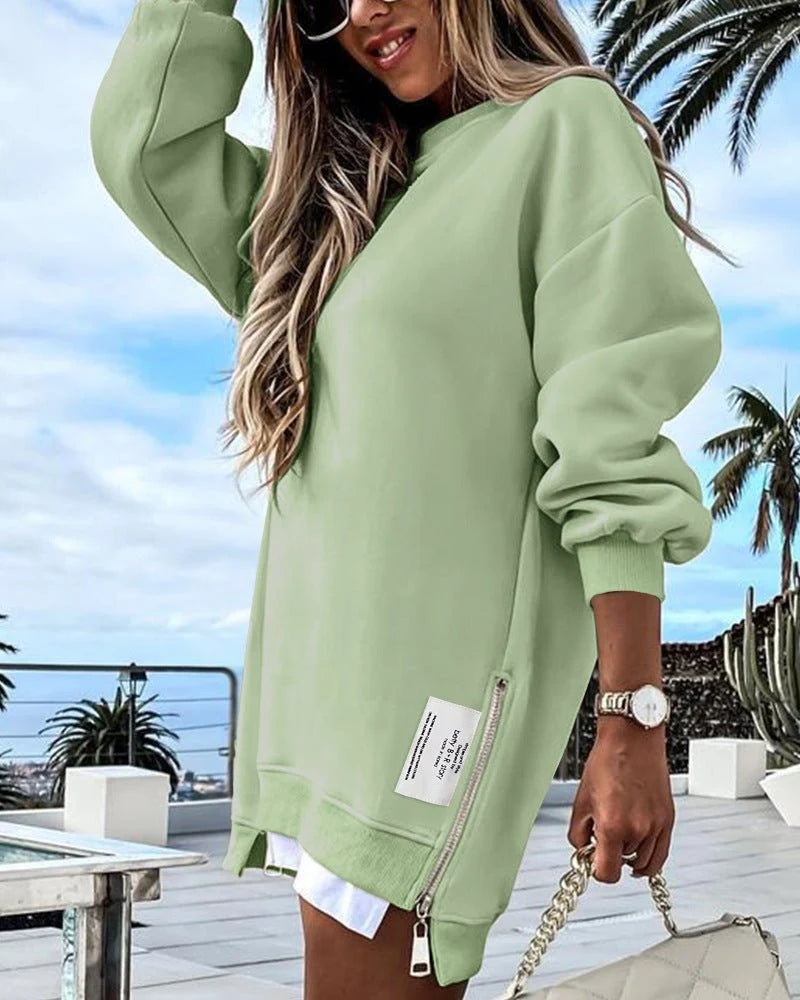 Women's Relaxed Crew-Neck Longline Sweatshirt in Light Green – Product view | Hensley London
