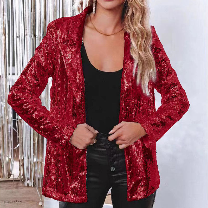 Women's Sequined Lapel Long-Sleeve Blazer in Wine Red - additional view 10 | Hensley London