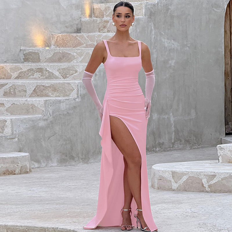 Women's Satin Slip Maxi Dress – Elegant Open Back