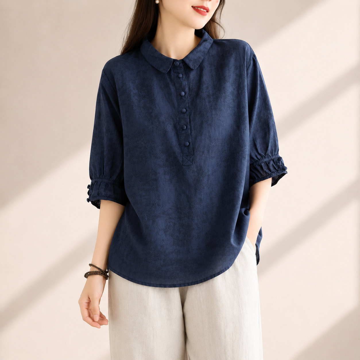 Women's Cotton Linen Oversized Collared Button-Up Blouse – fabric close-up view | Hensley London