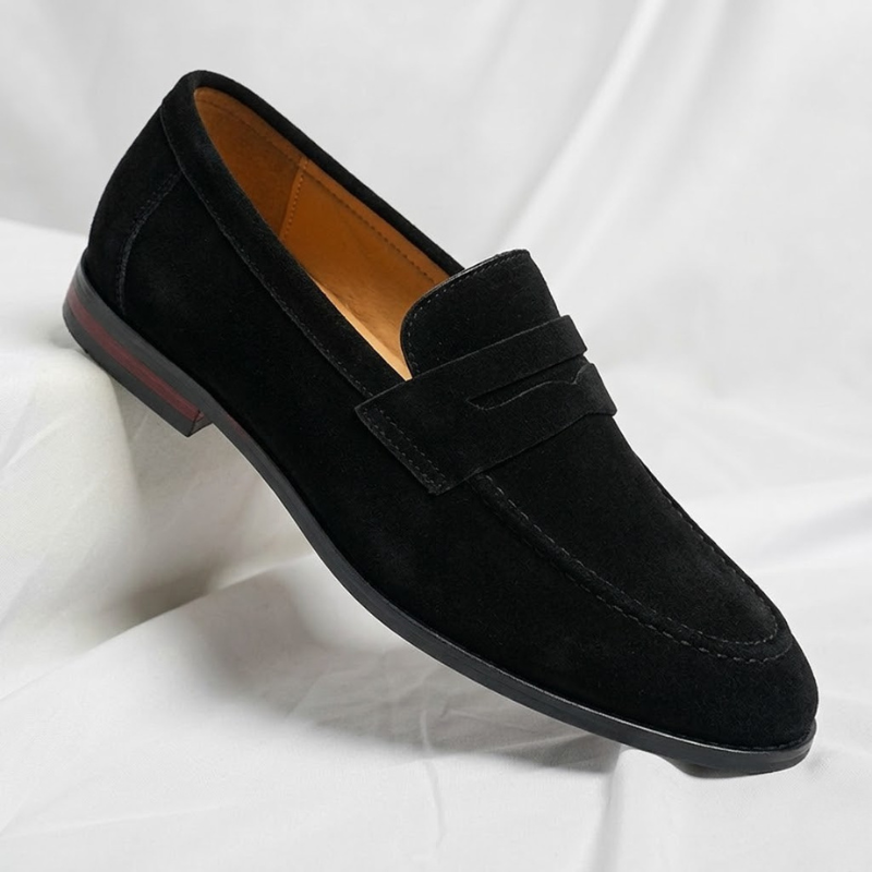 Men's Lustrous Suede Penny Loafers – sole view | Hensley London