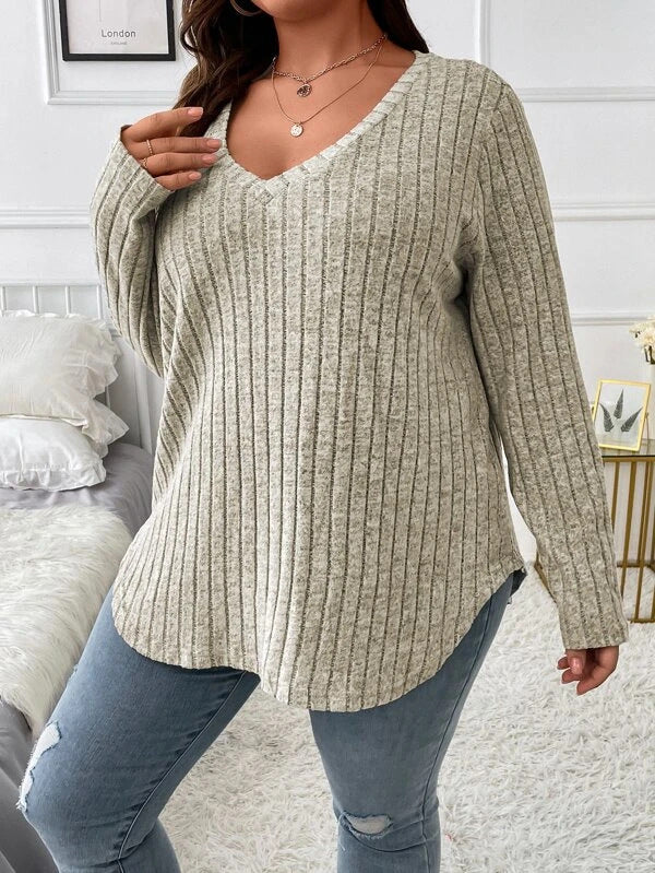 Women's Ribbed V-Neck Long-Sleeve Pullover Top in Apricot – Product view | Hensley London