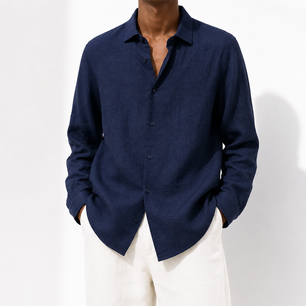 Men's Lightweight Cotton Linen Everyday Shirt in Navy – front view | Hensley London