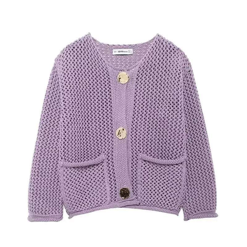 Women's Long Mesh-Knit Cardigan with Front Pockets and Gold-Tone Buttons 5