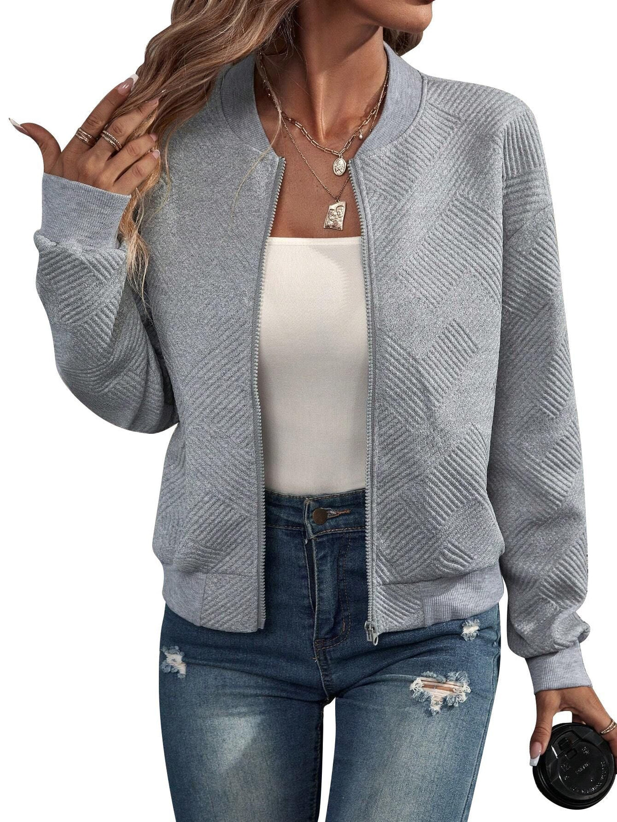 Women's Jacquard Zip-Up Bomber Jacket – additional product view | Hensley London