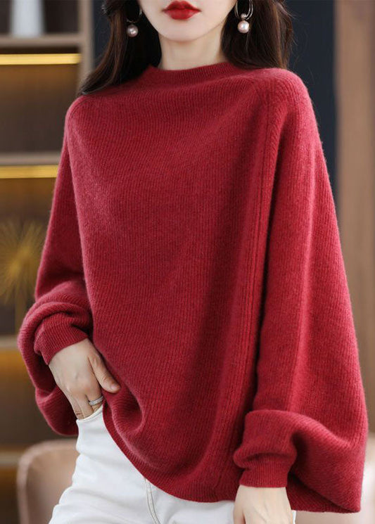 Women's Sweater Red Wool Oversized Batwing Sleeve - 1