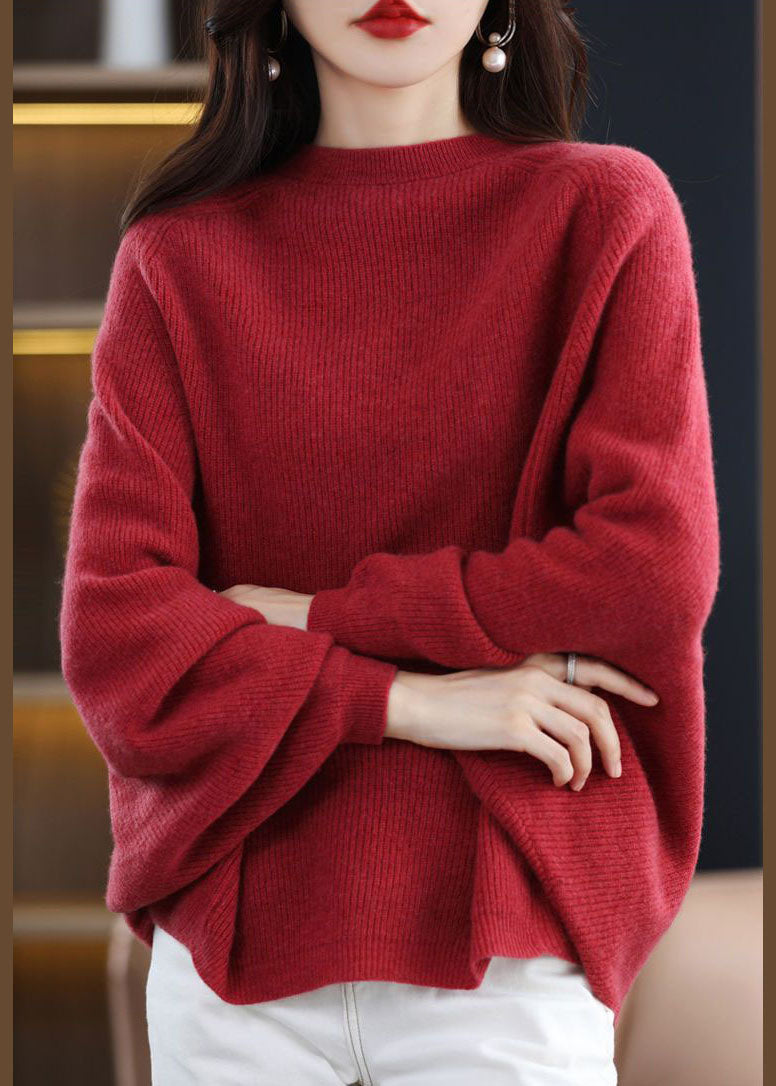 Women's Sweater Red Wool Oversized Batwing Sleeve - 3