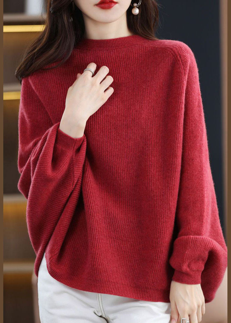 Women's Sweater Red Wool Oversized Batwing Sleeve - 4