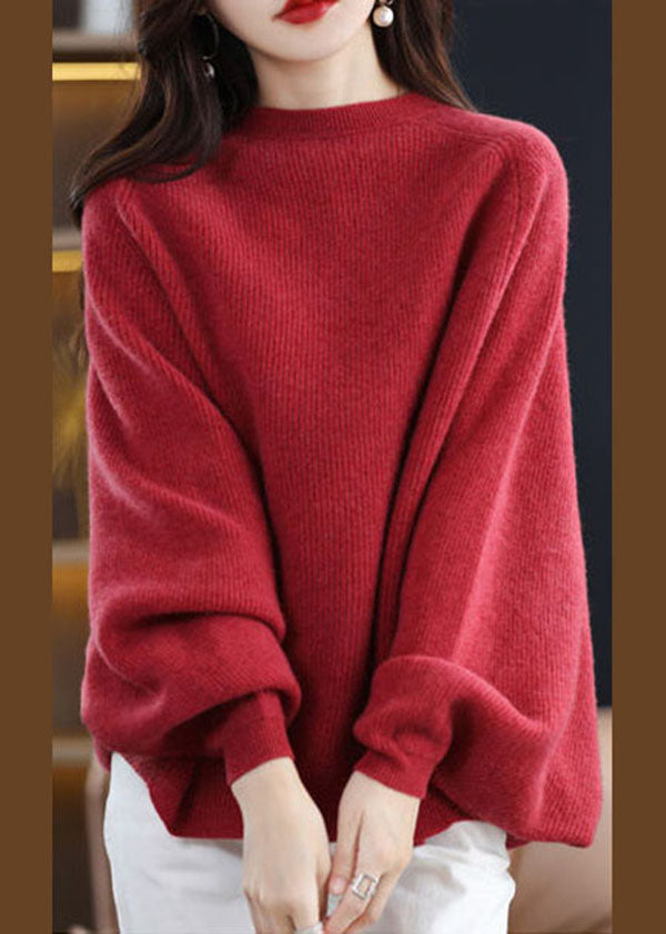 Women's Sweater Red Wool Oversized Batwing Sleeve - 5