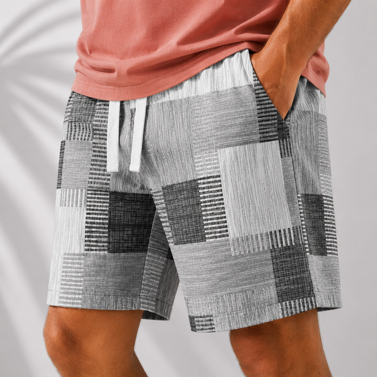 Men's Geometric Patchwork Print Shorts in Grey – front view | Hensley London