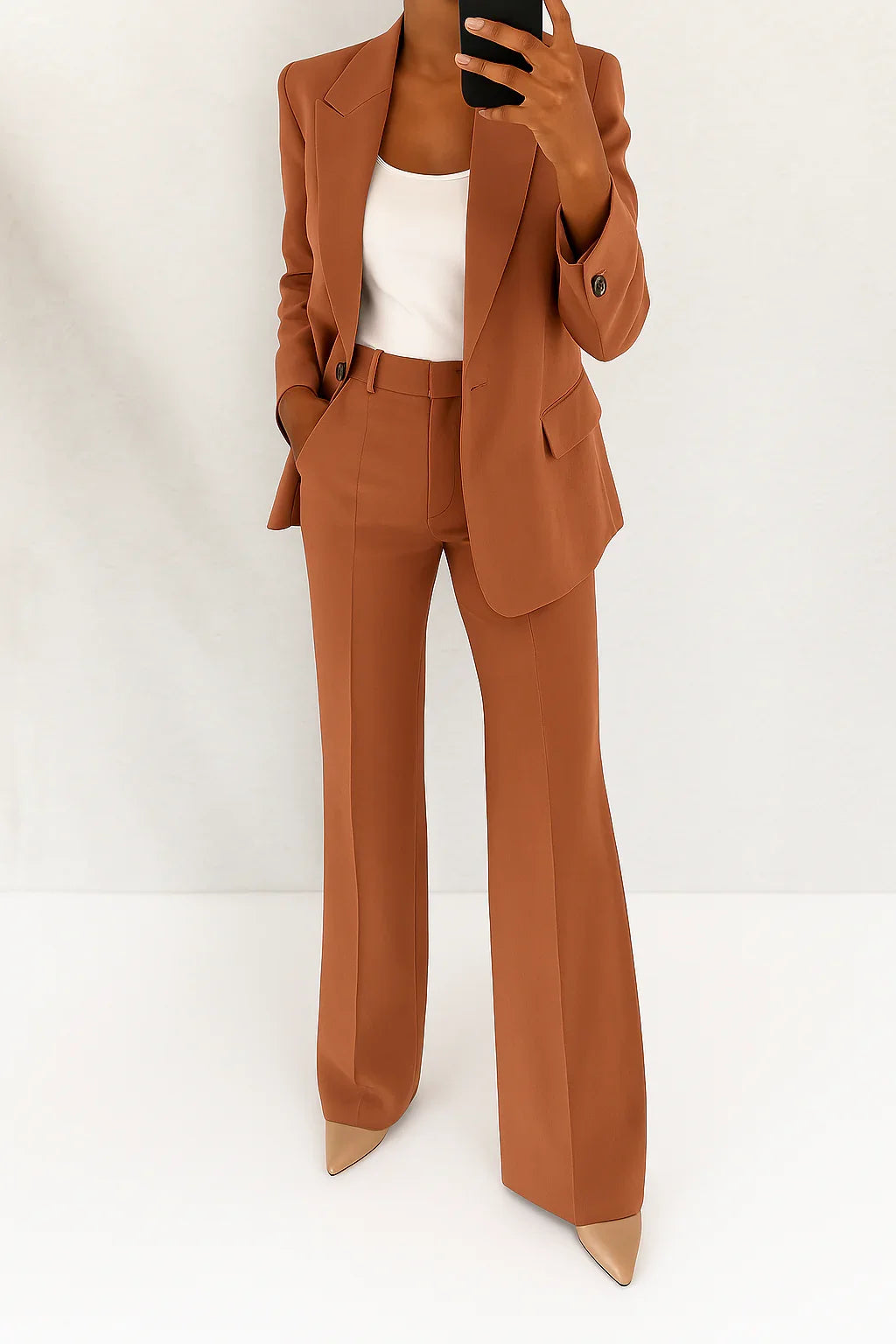 Women's Single-Breasted Blazer and Trouser Suit in Brown – additional view | Hensley London