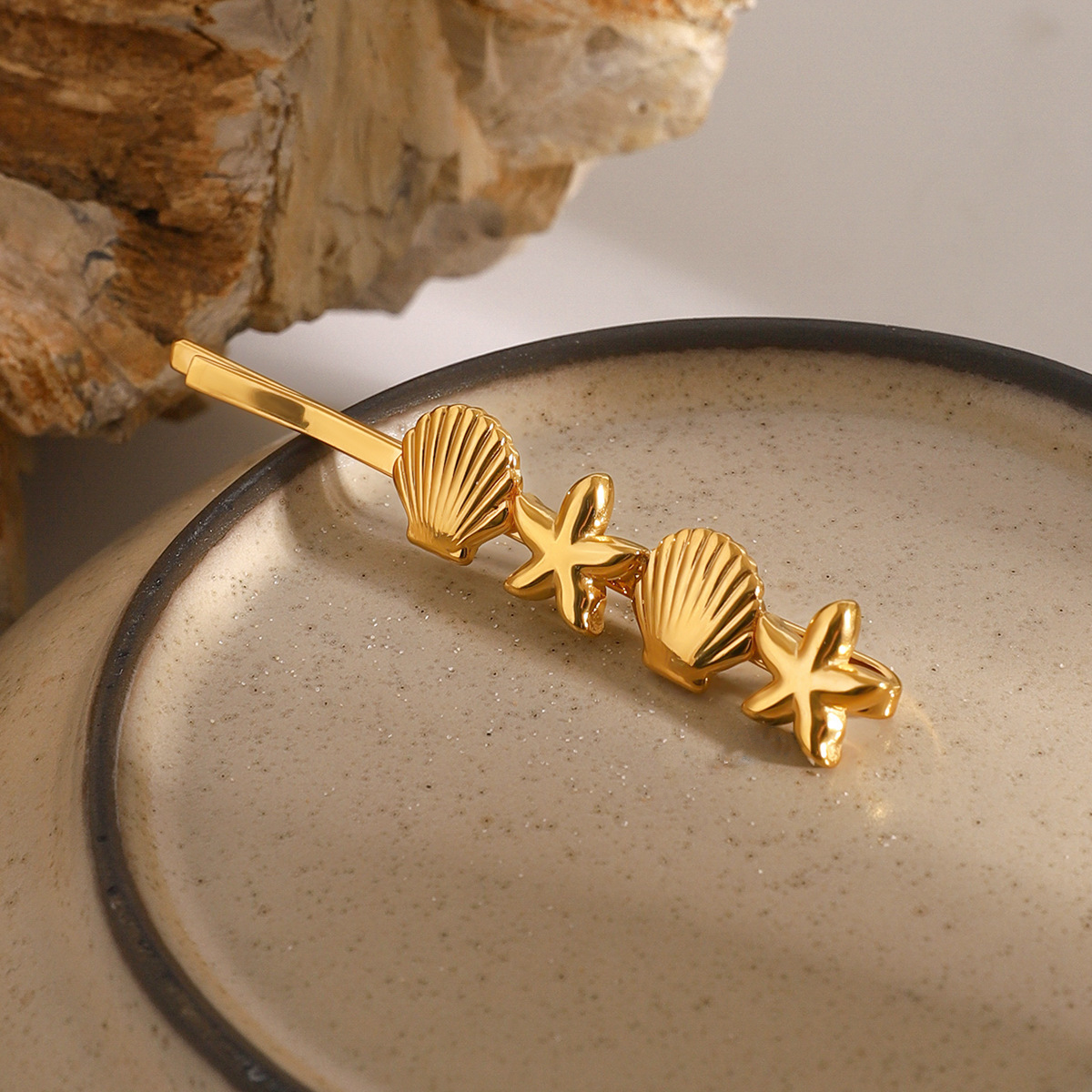 Mykonos Gold French Hair Pin with Starfish and Seashell Design – Hypoallergenic and Waterproof 2