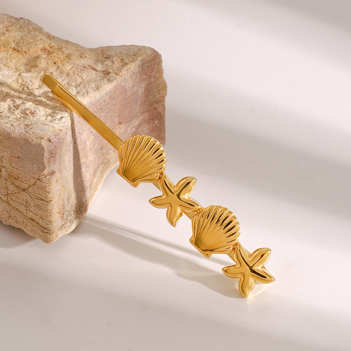 Mykonos Gold French Hair Pin with Starfish and Seashell Design – Hypoallergenic and Waterproof 3