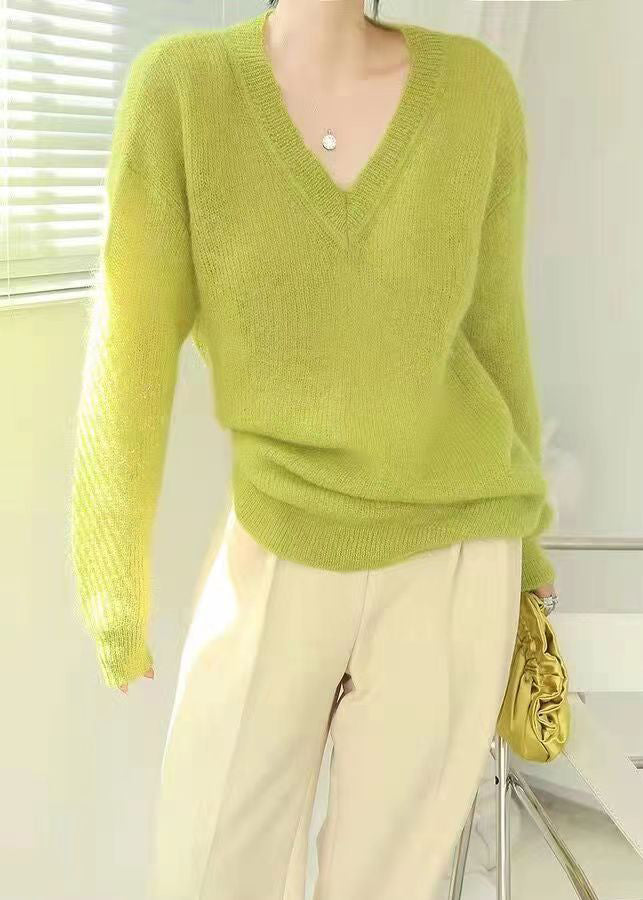 Women's Sweater Fluorescent Green Wool Blend V Neck - 2