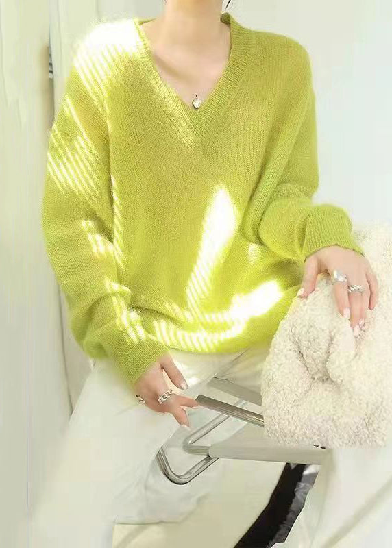 Women's Sweater Fluorescent Green Wool Blend V Neck - 4