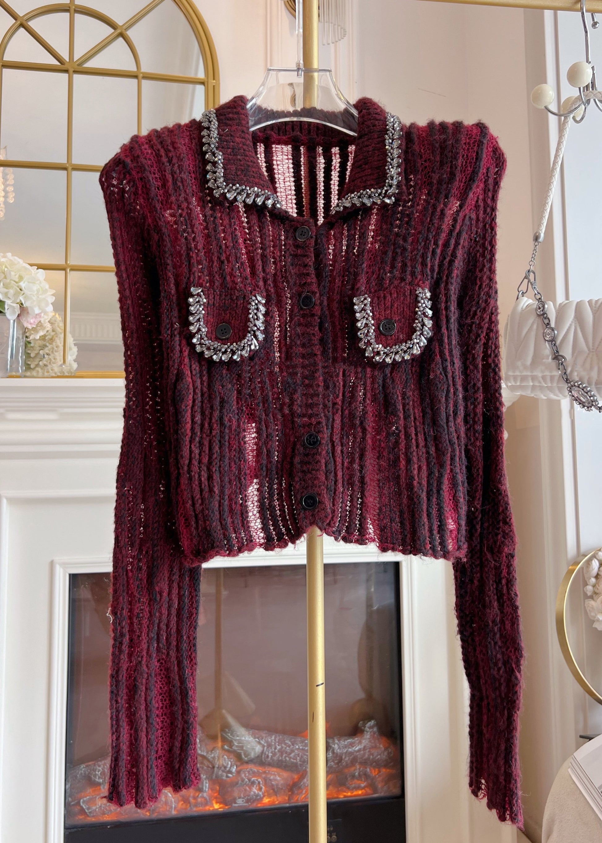 Women's Sweater Red Knit Hollow Out Patchwork - 2
