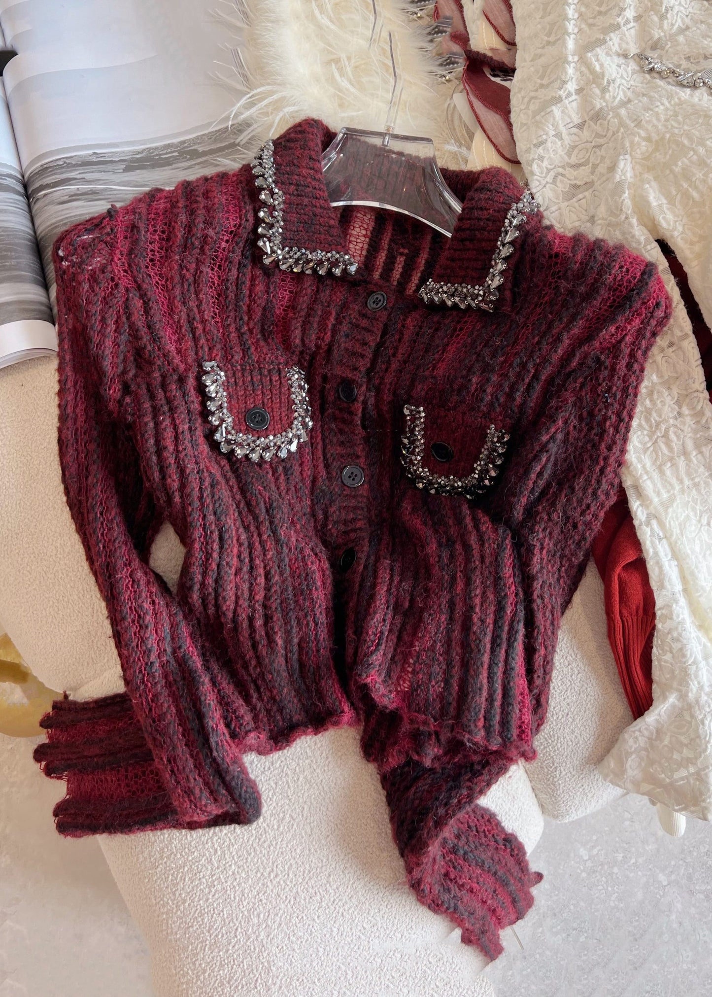 Women's Sweater Red Knit Hollow Out Patchwork - 3