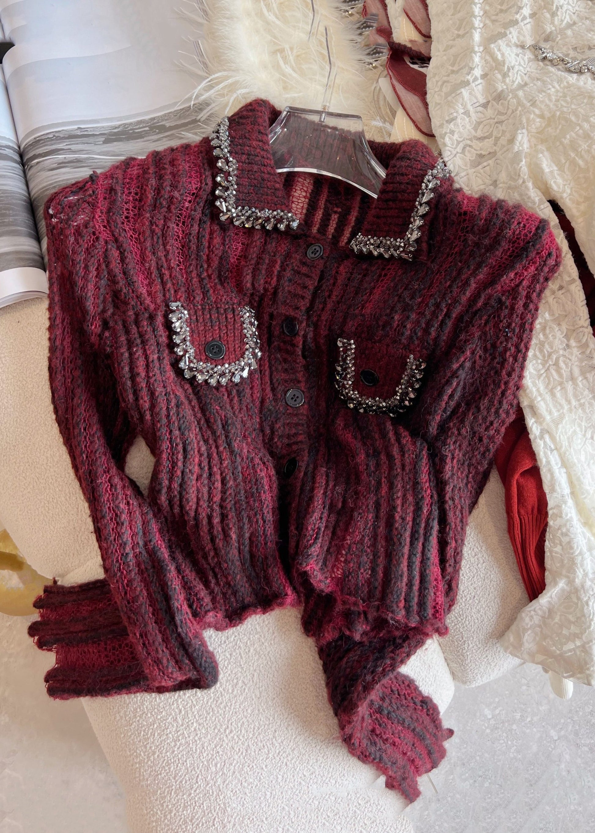Women's Sweater Red Knit Hollow Out Patchwork - 3