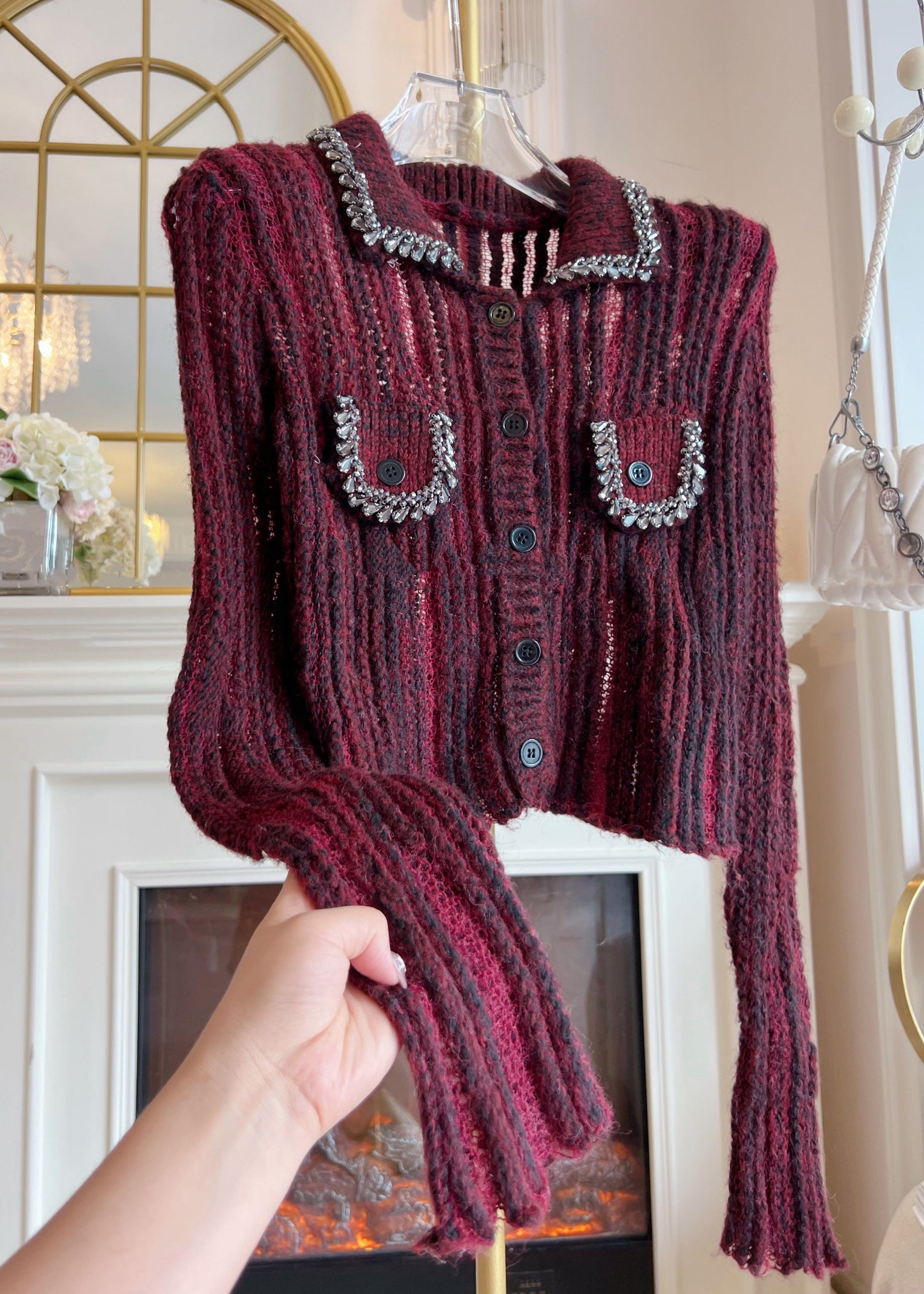 Women's Sweater Red Knit Hollow Out Patchwork - 4