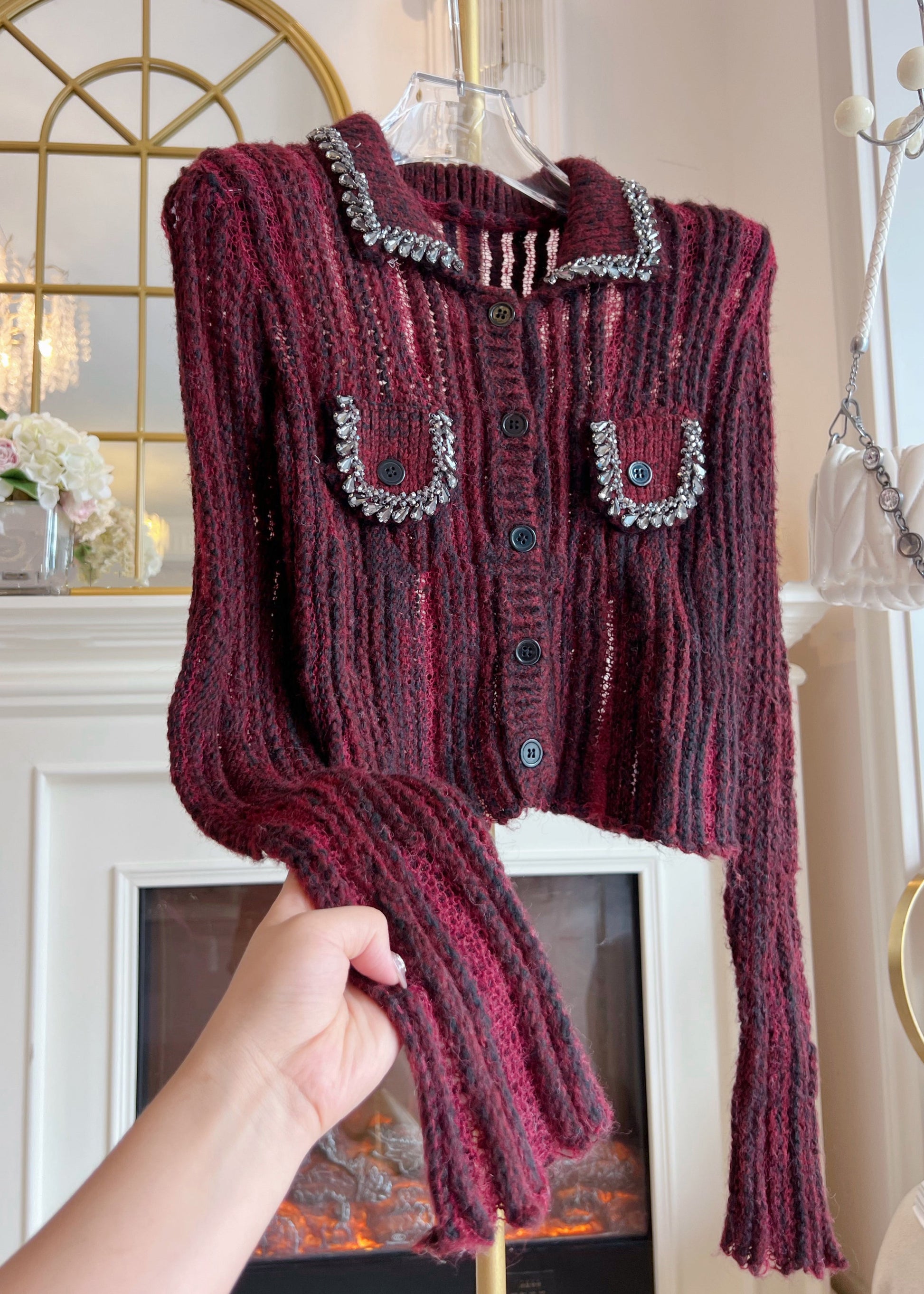 Women's Sweater Red Knit Hollow Out Patchwork - 4