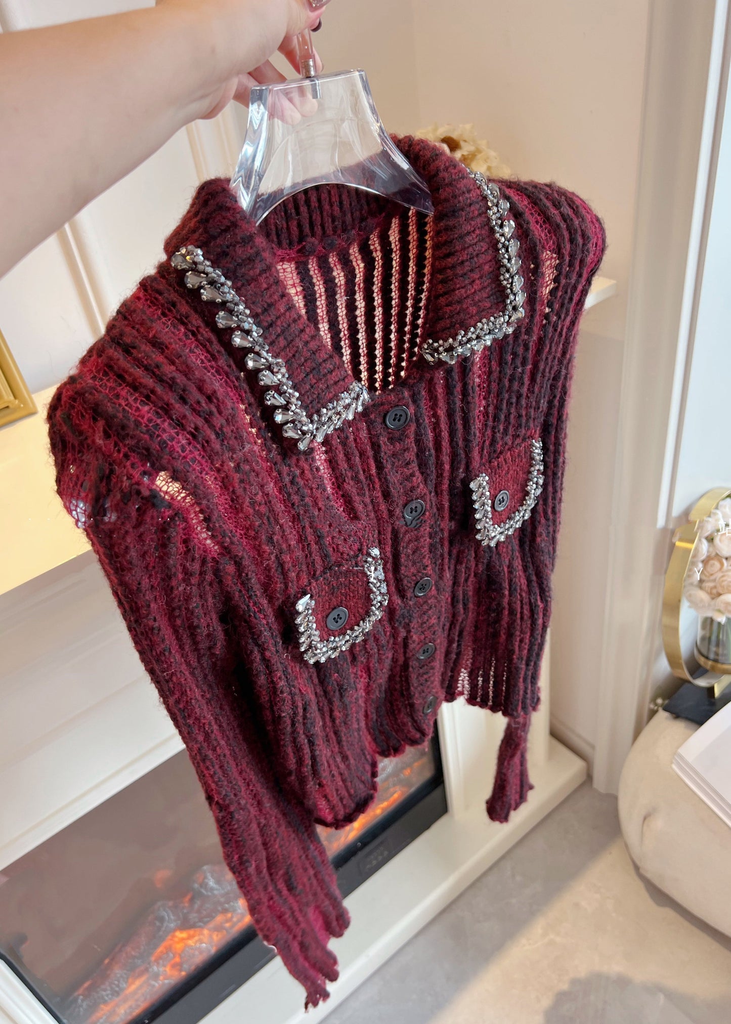 Women's Sweater Red Knit Hollow Out Patchwork - 5