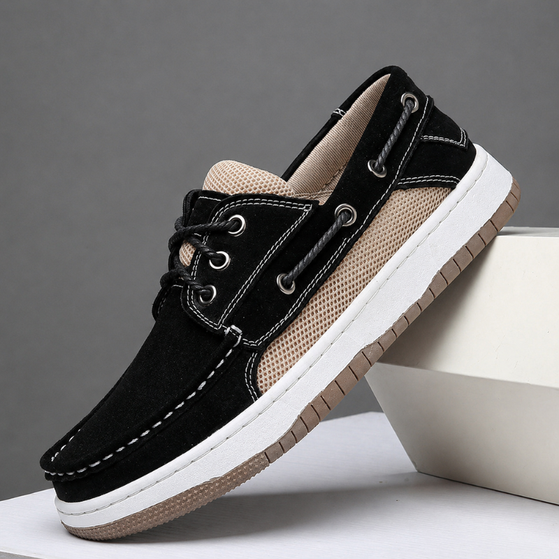 Men's Suede Boat Shoes with Mesh Panels – worn view | Hensley London