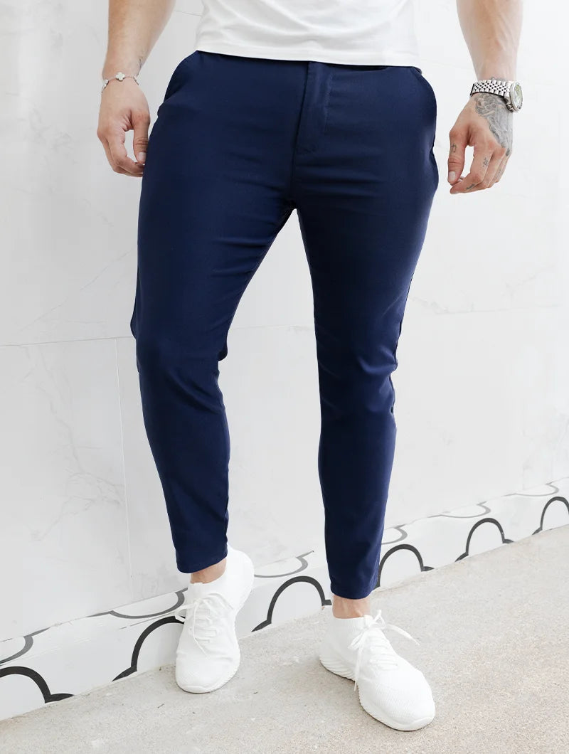 Men's 4-Way Stretch Slim Fit Pants in Blue – alternate view | Hensley London