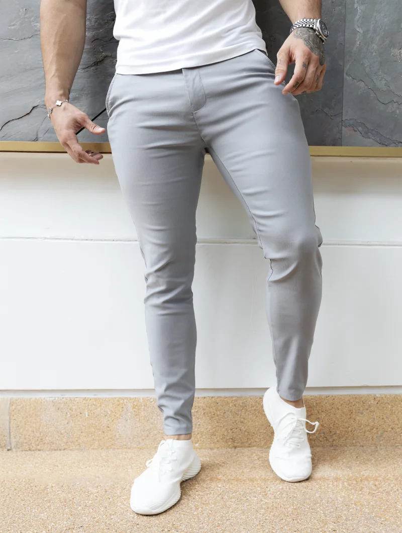 Men's 4-Way Stretch Slim Fit Pants in Light Grey – alternate view | Hensley London