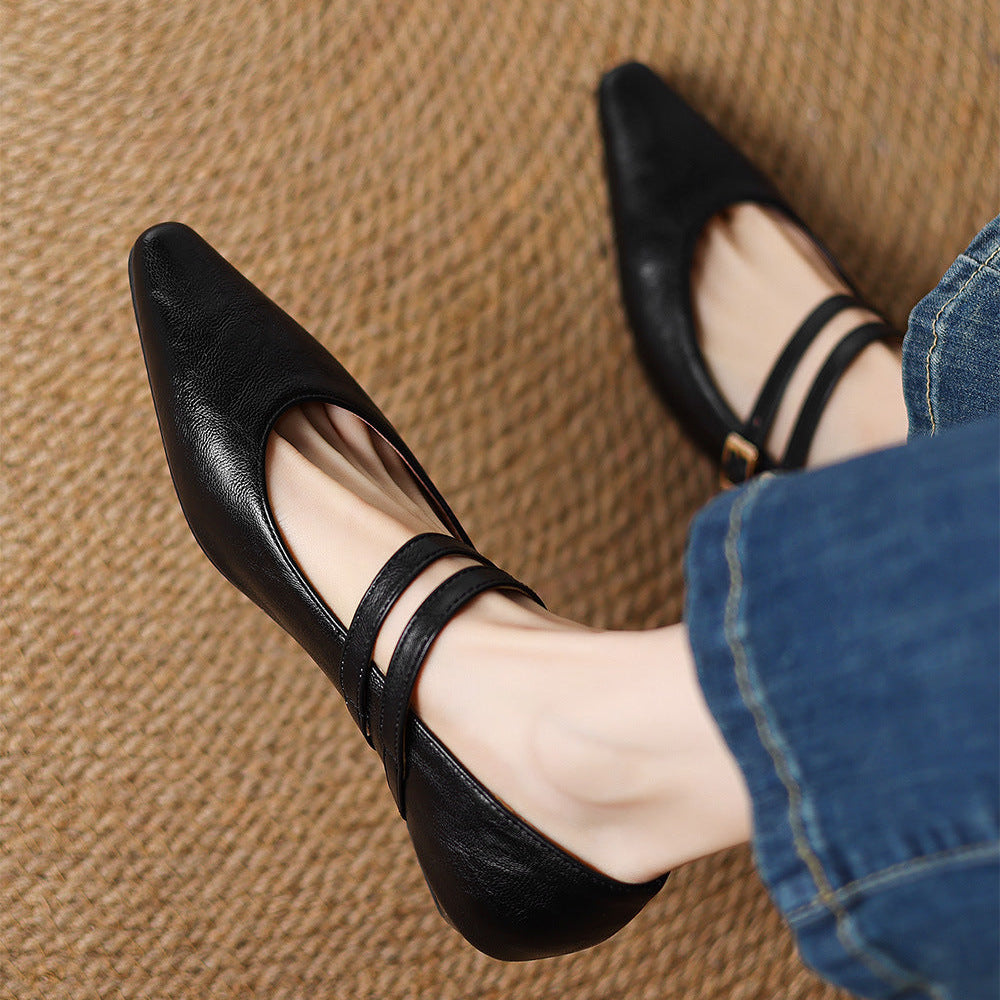 Women's Genuine Leather Dual-Strap Mary Jane Flats – product view | Hensley London