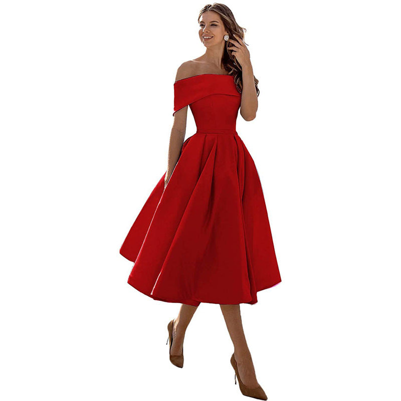 Women's A-Line Dress Black Smooth Fabric Off-Shoulder Cocktail Dress-6