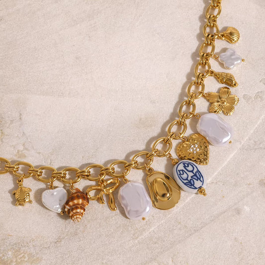 Ocean-Inspired Gold Chain Necklace with Freshwater Pearls and Seashell Charms - Waterproof and Hypoallergenic 1