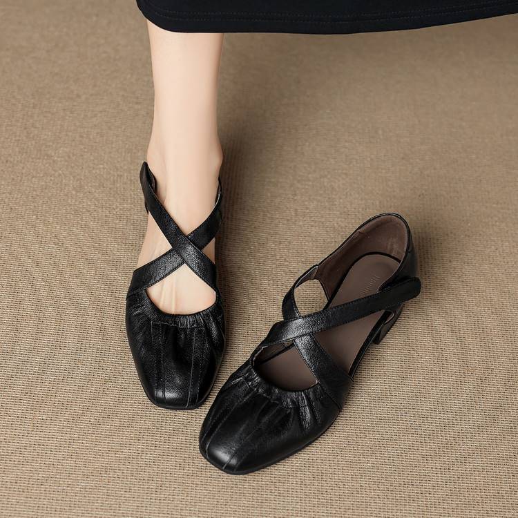 Women's Genuine Leather Cross-Strap Square-Toe Flats - styled view | Hensley London