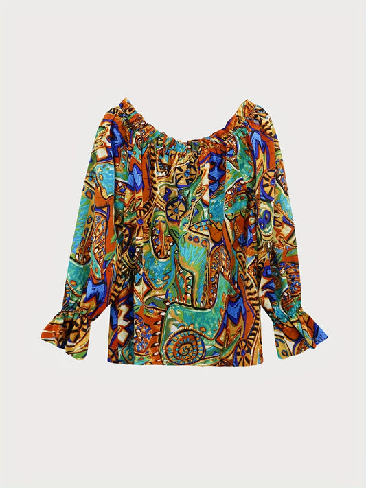 Off-Shoulder Boho Blouse with Long Sleeves for Women – Lightweight and Colorful Spring Top 1