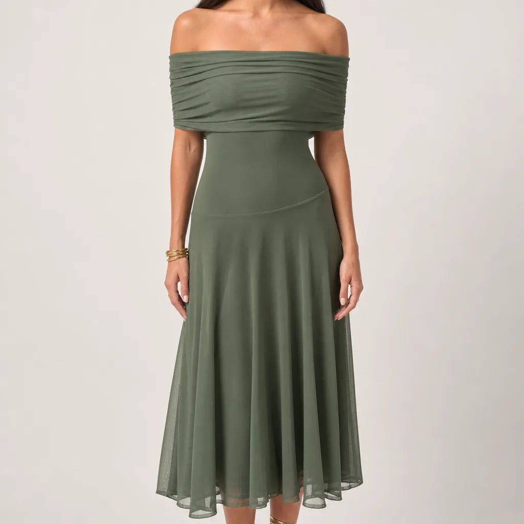 Women's One-Shoulder Maxi Dress in Green – front view | Hensley London