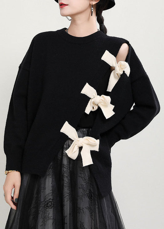 Women's Sweater Black Cotton Blend O-Neck Asymmetrical Design - 1