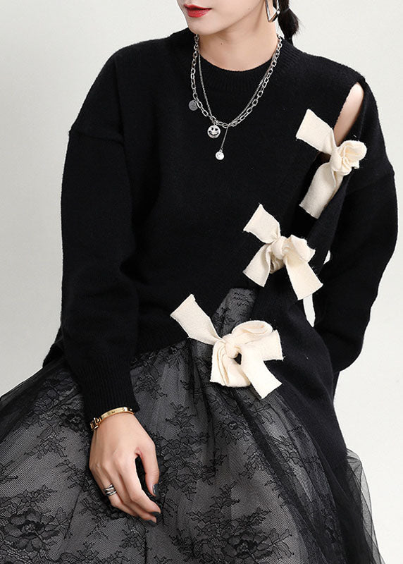 Women's Sweater Black Cotton Blend O-Neck Asymmetrical Design - 2