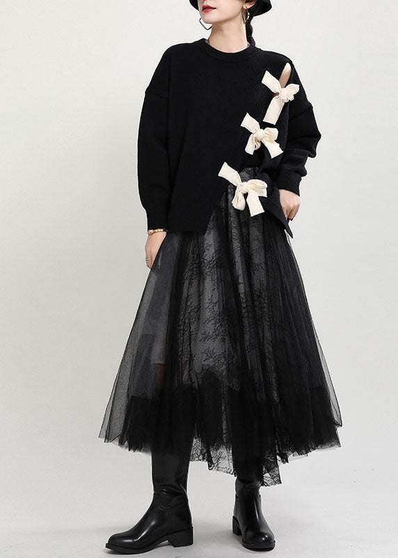 Women's Sweater Black Cotton Blend O-Neck Asymmetrical Design - 3